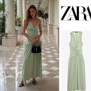 Zara new draped ruched light green maxi dress, open back size XS